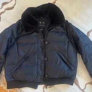 Armani Exchange Blue Puffer Bomber Jacket with Fur Hood